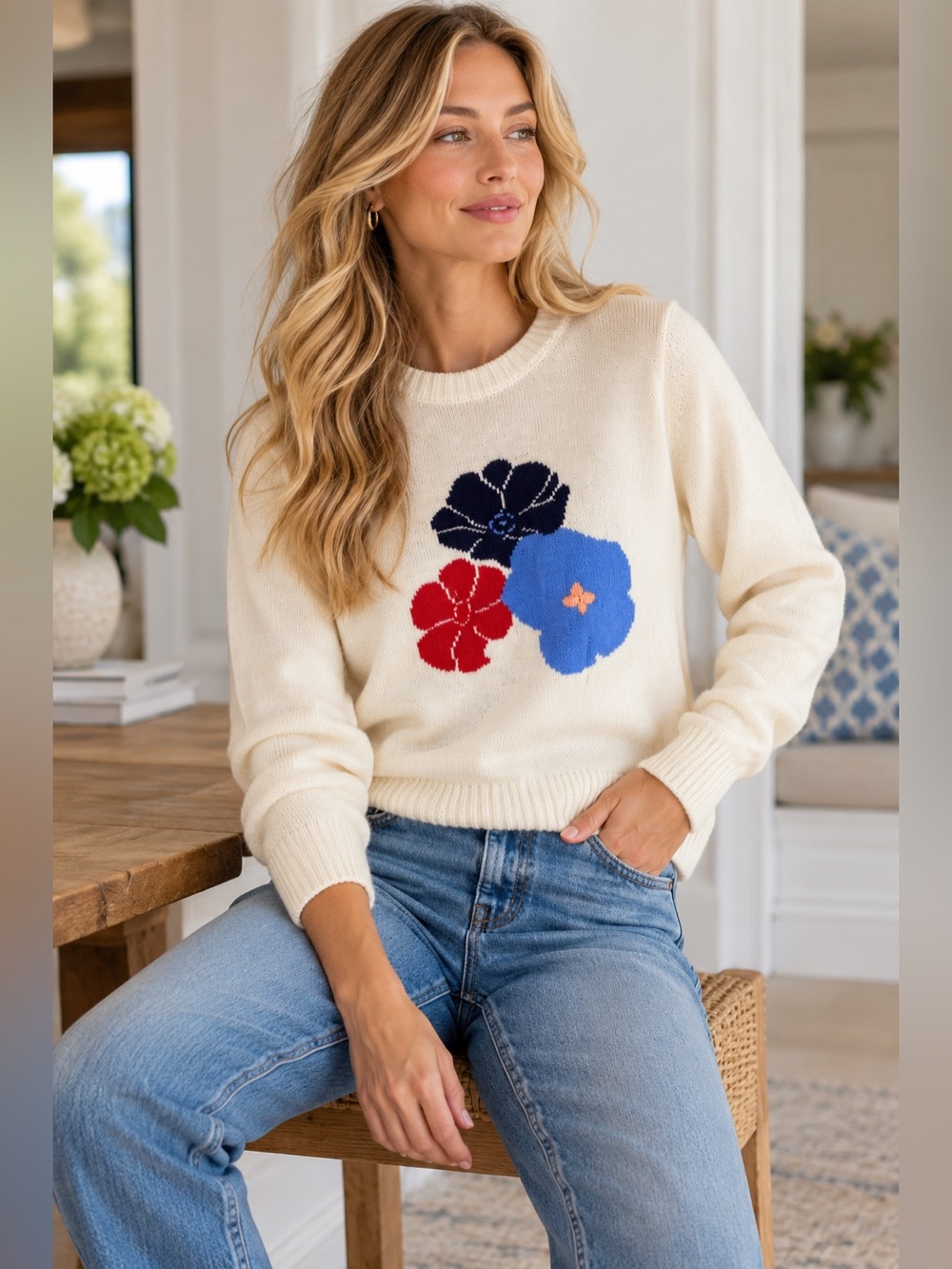 Trovata Floral Intarsia Cotton Crewneck Sweater Cream Medium NWT